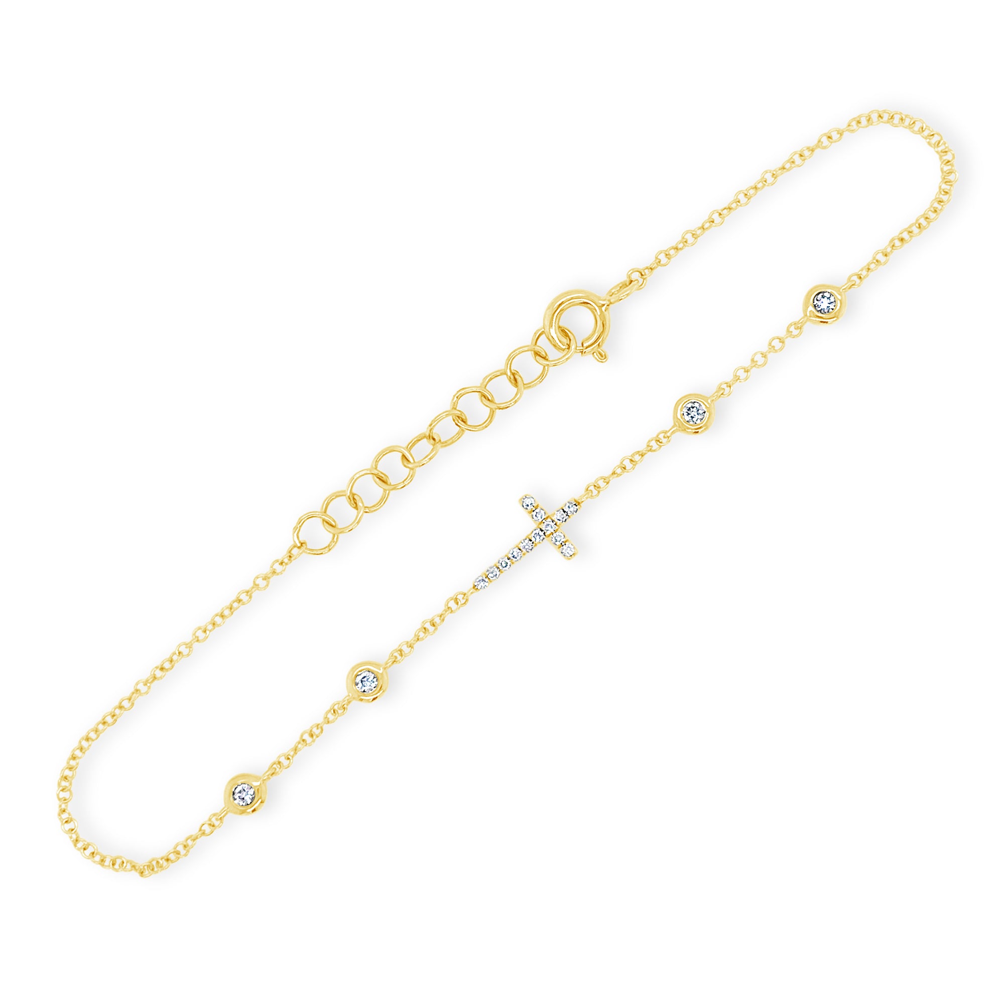 Diamond Cross Chain Bracelet - 14K yellow gold weighing 1.21 grams - 17 round diamonds totaling 0.10 carats