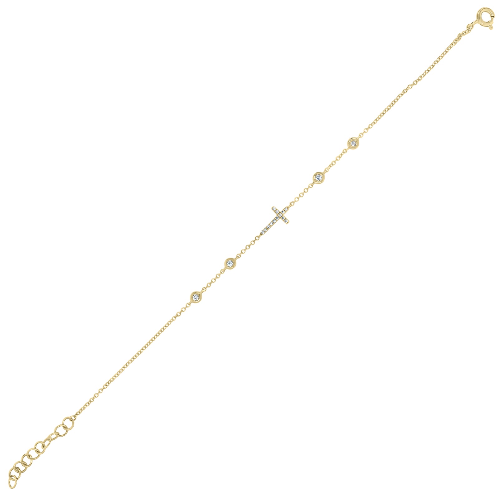 Diamond Cross Chain Bracelet - 14K yellow gold weighing 1.21 grams - 17 round diamonds totaling 0.10 carats