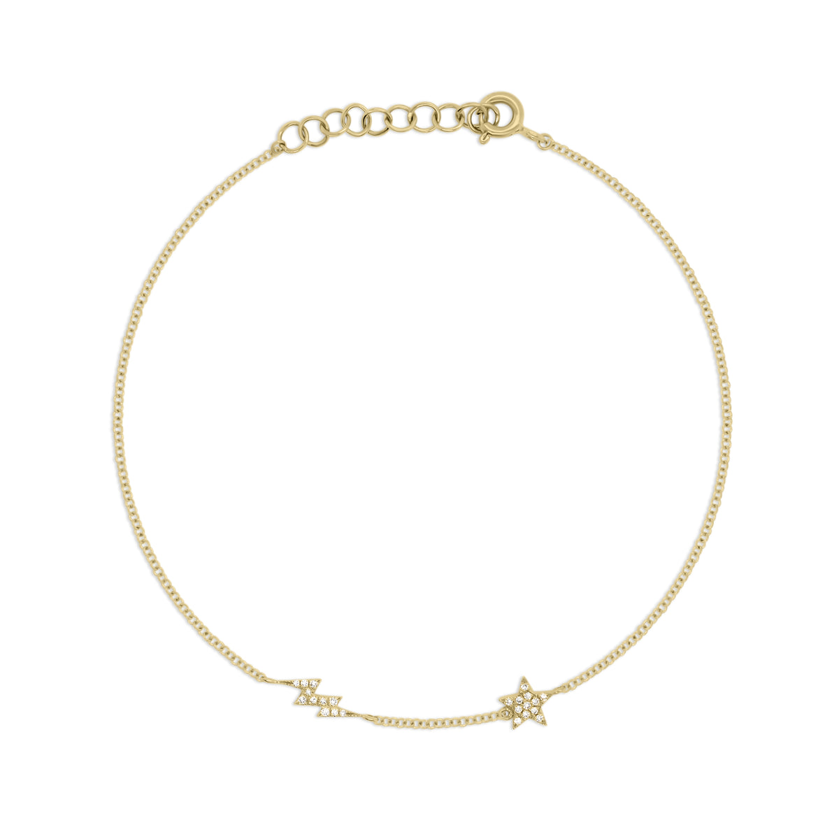Diamond Star and Lightning Bolt Fashion Bracelet - 14K gold weighing 1.02 grams - 23 round diamonds totaling 0.06 carats.