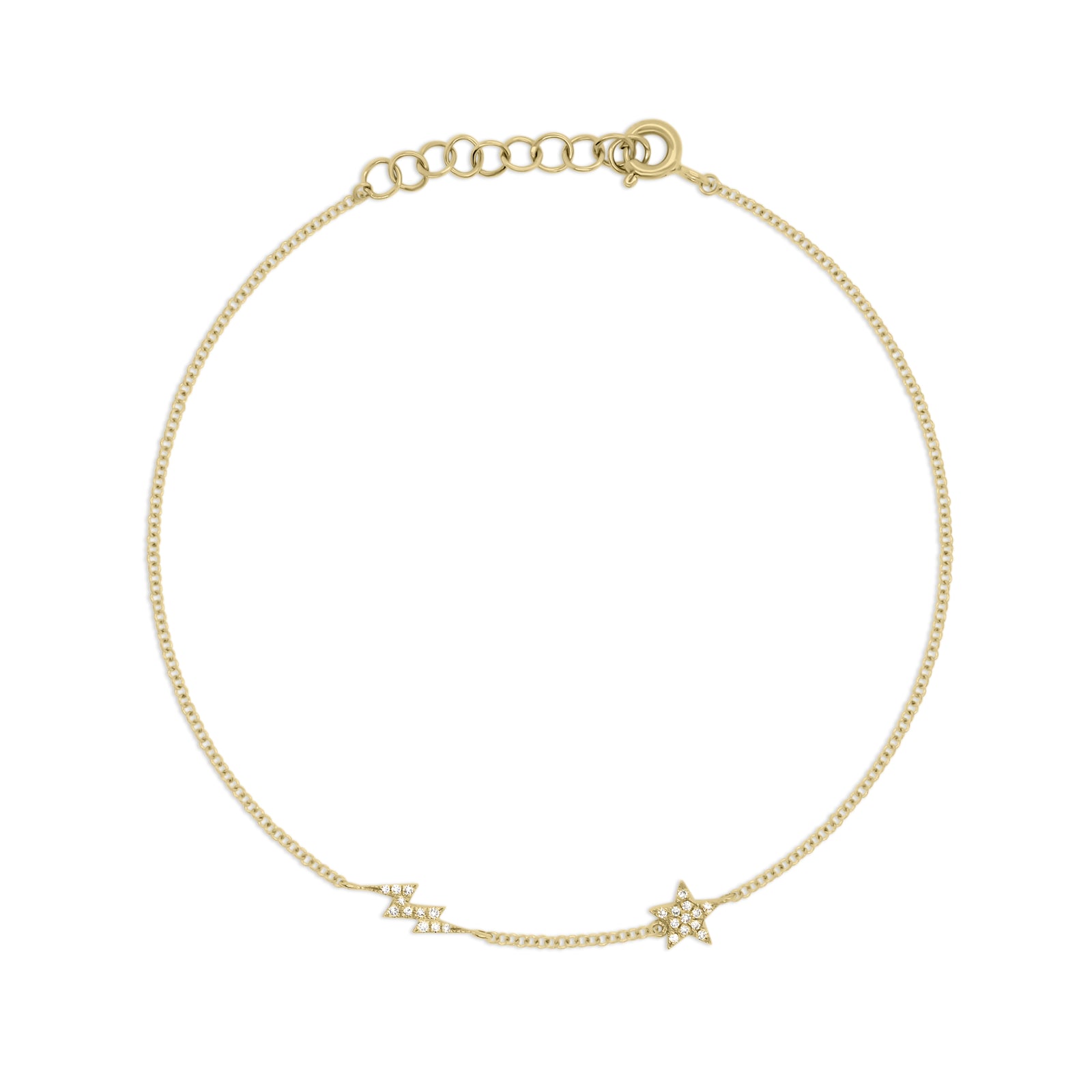 Diamond Star and Lightning Bolt Fashion Bracelet - 14K gold weighing 1.02 grams - 23 round diamonds totaling 0.06 carats.