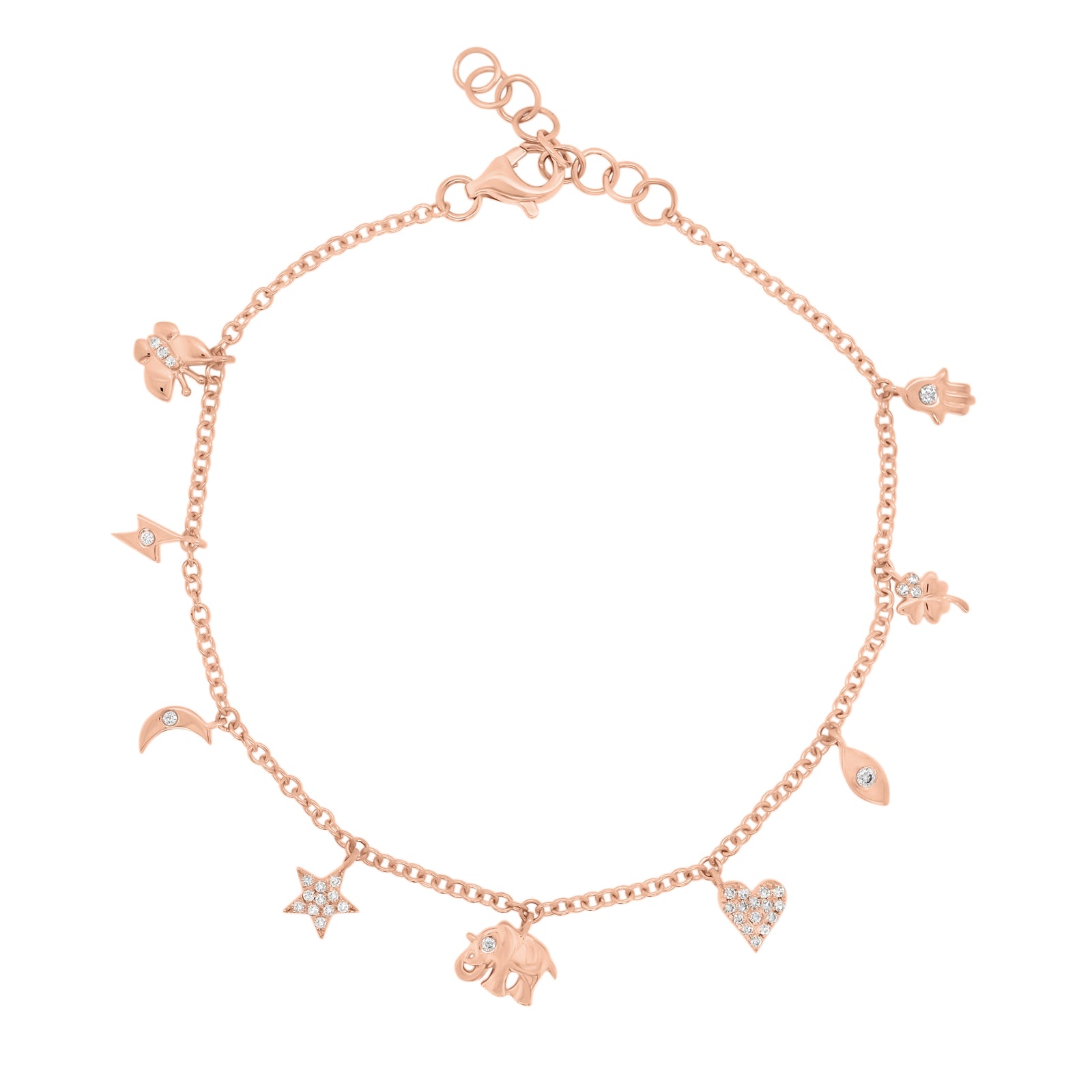 Diamond Lucky Charms Bracelet - 14K rose gold weighing 2.81 grams - 37 round diamonds totaling 0.10 carats