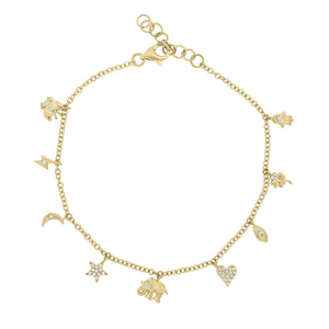 Diamond Lucky Charms Bracelet - 14K yellow gold weighing 2.81 grams - 37 round diamonds totaling 0.10 carats