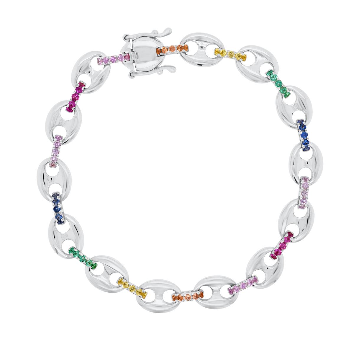 Multicolor Gemstone Tri-Link Bracelet - 14K white gold weighing 12.77 grams - 70 multicolor gemstones totaling 1.32 carats