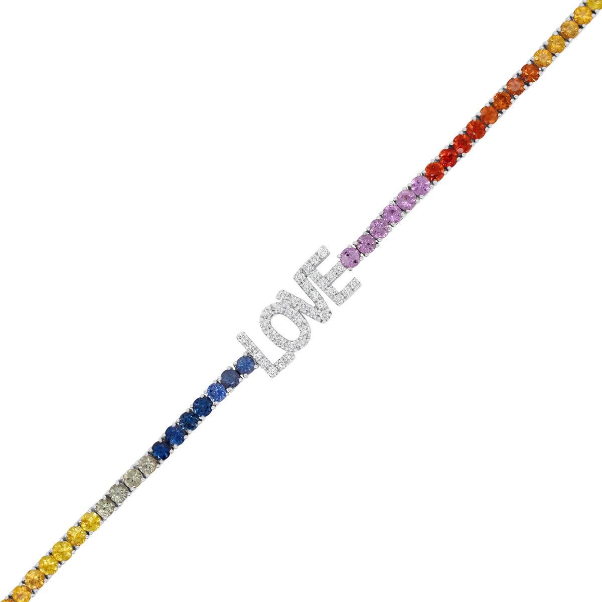 Multicolor Gemstone & Diamond LOVE Bracelet - 14K white gold weighing 7.14 grams - 67 multicolor gemstones totaling 4.62 carats - 37 round diamonds totaling 0.36 carats