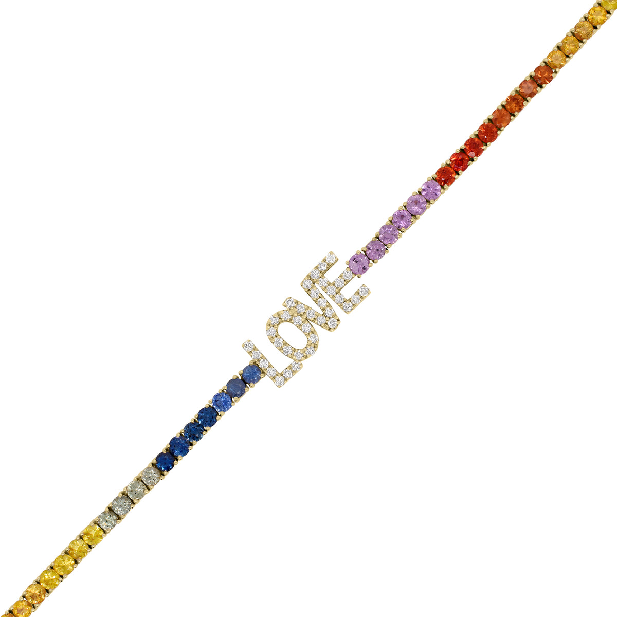 Multicolor Gemstone & Diamond LOVE Bracelet - 14K yellow gold weighing 7.14 grams - 67 multicolor gemstones totaling 4.62 carats - 37 round diamonds totaling 0.36 carats