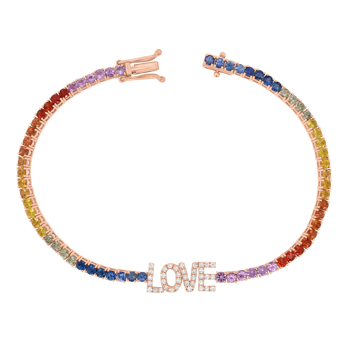 Multicolor Gemstone & Diamond LOVE Bracelet - 14K rose gold weighing 7.14 grams - 67 multicolor gemstones totaling 4.62 carats - 37 round diamonds totaling 0.36 carats