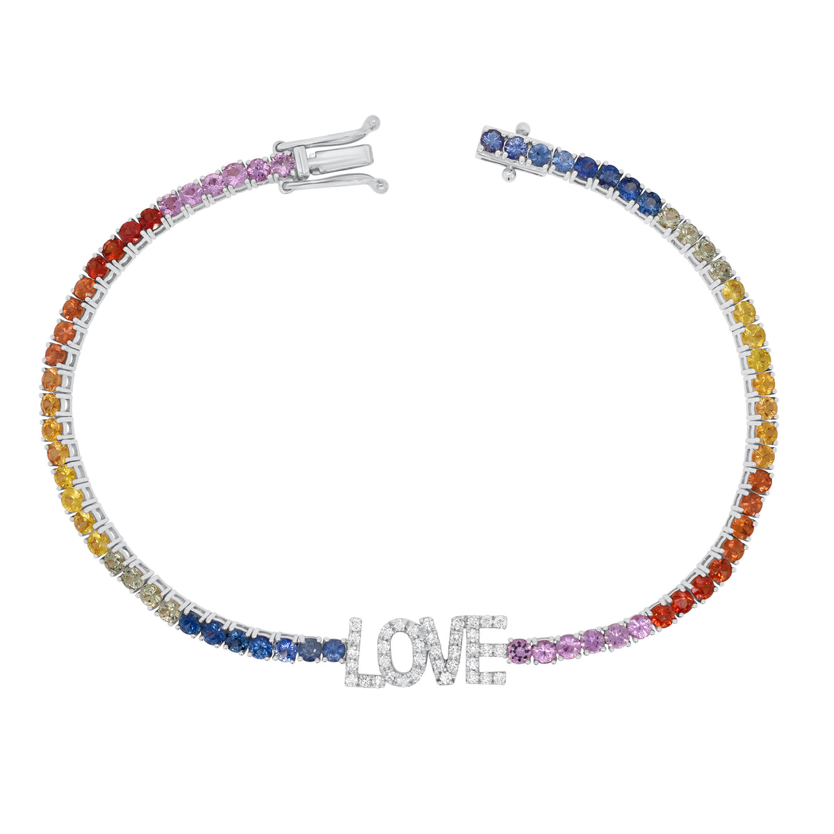 Multicolor Gemstone & Diamond LOVE Bracelet - 14K white gold weighing 7.14 grams - 67 multicolor gemstones totaling 4.62 carats - 37 round diamonds totaling 0.36 carats