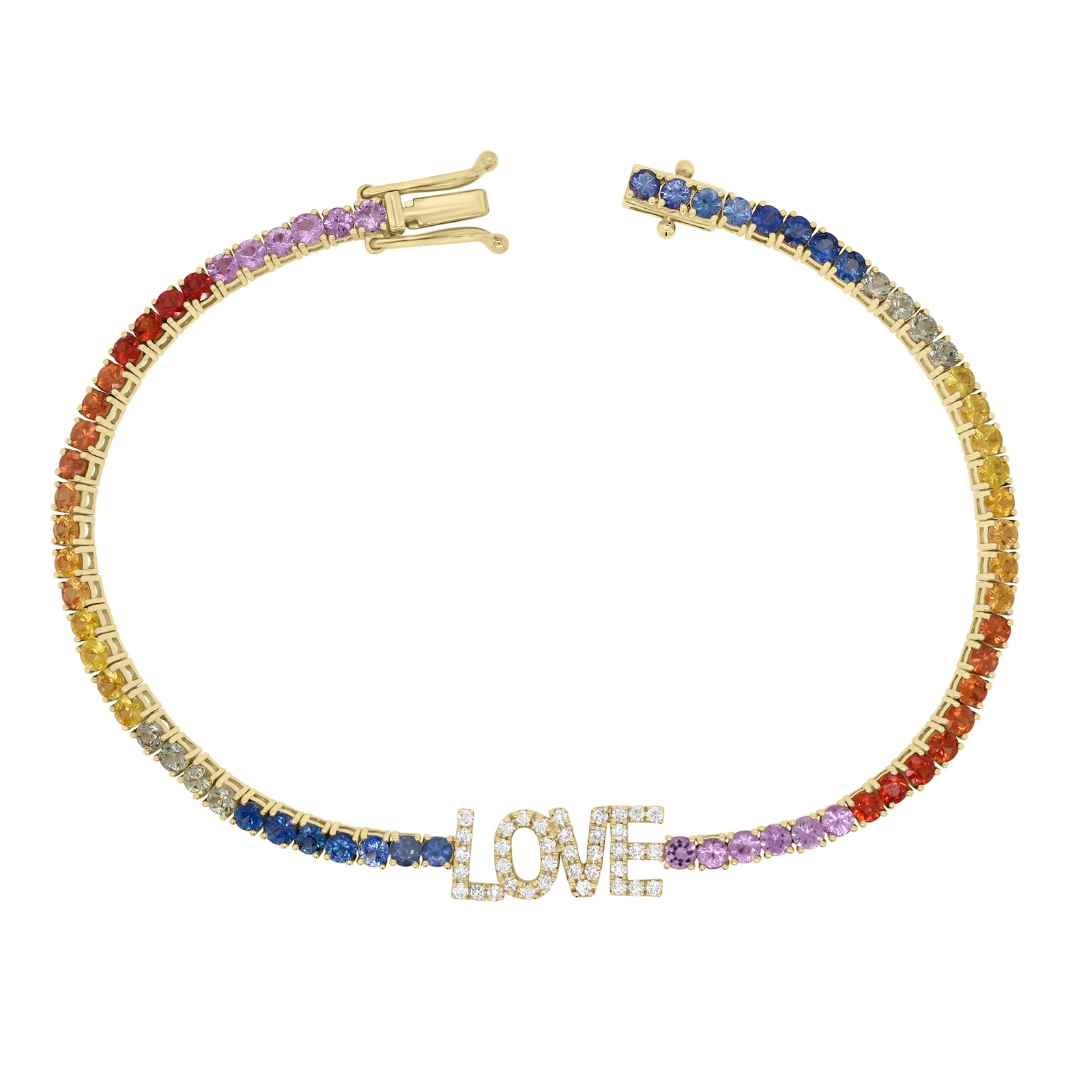 Multicolor Gemstone & Diamond LOVE Bracelet - 14K yellow gold weighing 7.14 grams  - 67 multicolor gemstones totaling 4.62 carats  - 37 round diamonds totaling 0.36 carats
