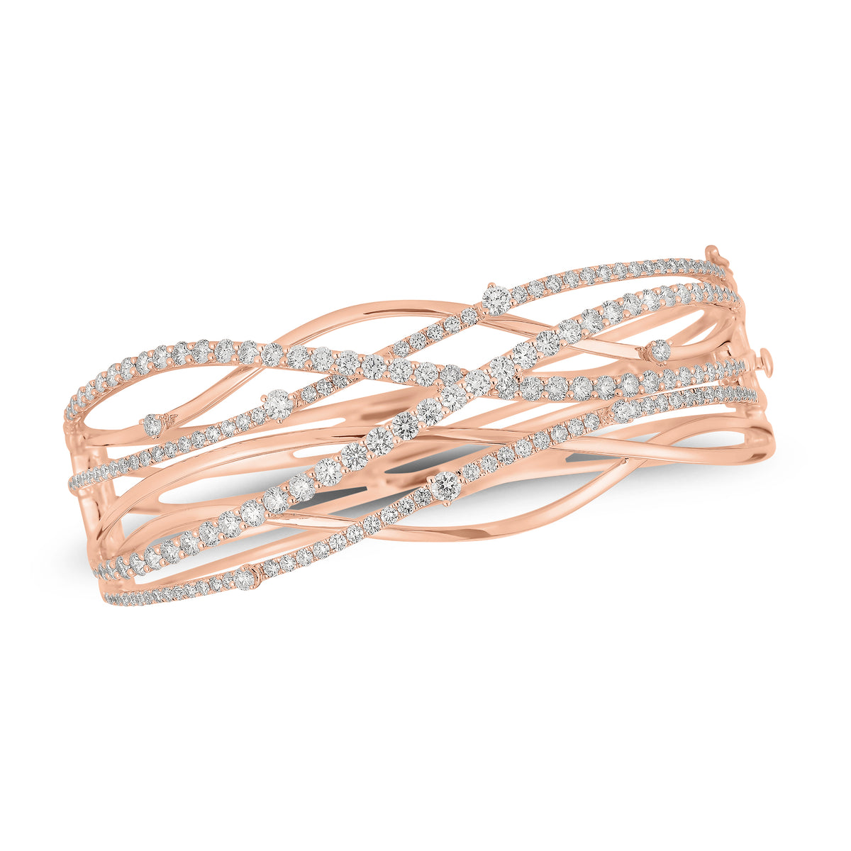 Diamond Wave Bangle - 18K rose gold weighing 36.72 grams  - 49 round diamonds weighing 2.32 carats  - 126 round diamonds weighing 2.10 carats
