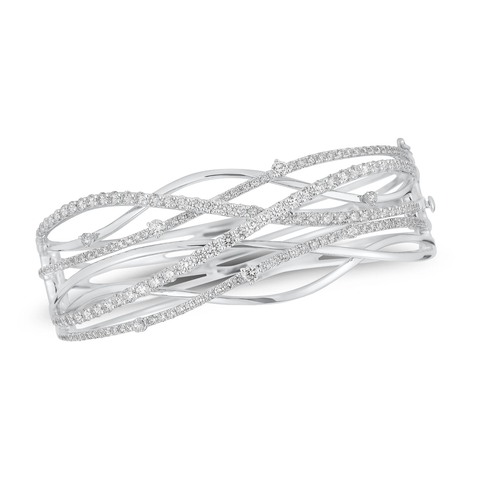 Diamond Wave Bangle - 18K white gold weighing 36.72 grams  - 49 round diamonds weighing 2.32 carats  - 126 round diamonds weighing 2.10 carats