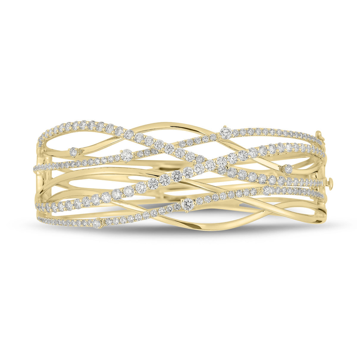 Diamond Wave Bangle - 18K yellow gold weighing 36.72 grams  - 49 round diamonds weighing 2.32 carats  - 126 round diamonds weighing 2.10 carats