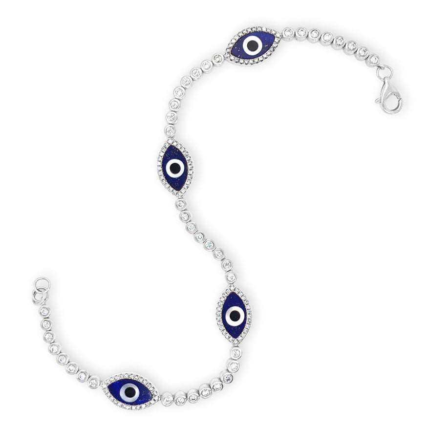 Bezel-Set Diamond Evil Eye Bracelet -14K gold weighing 8.02 grams -144 round diamonds totaling 0.81 carats -4 lapis totaling 1.17 carats