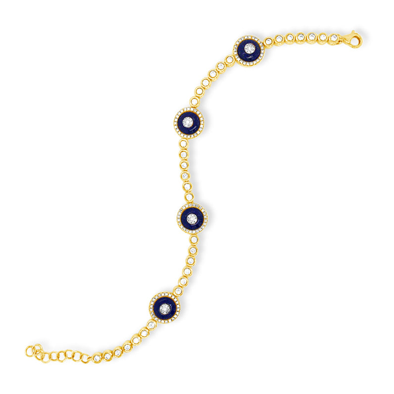 Diamond & Lapis Evil Eye Bracelet -14k yellow gold weighing 9.72 grams -160 round diamonds weighing 1.12 carats -4 lapis totaling 3.6 carats