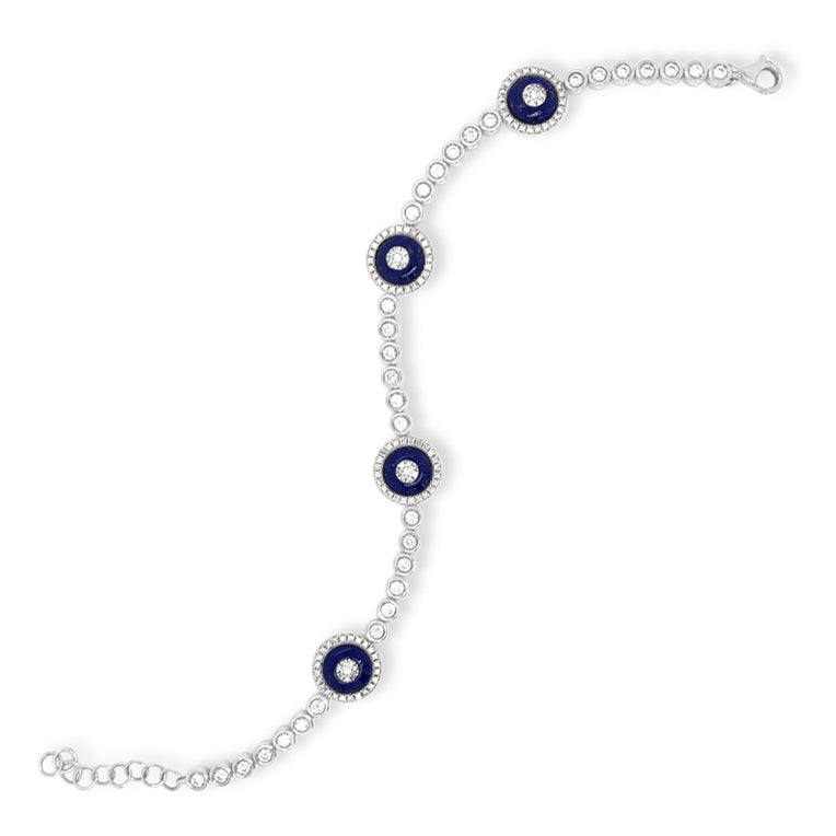 Diamond & Lapis Evil Eye Bracelet -14k yellow gold weighing 9.72 grams -160 round diamonds weighing 1.12 carats -4 lapis totaling 3.6 carats