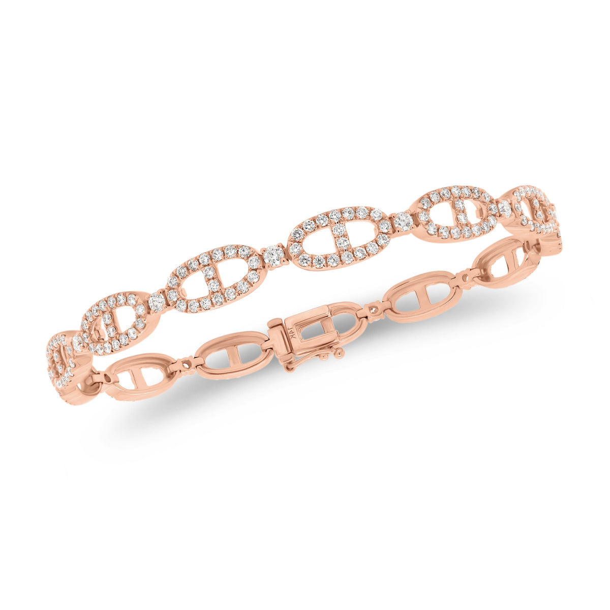 Diamond Tri-Link Bracelet  - 14K gold weighing 11.86 grams  - 247 round diamonds totaling 2.72 carats
