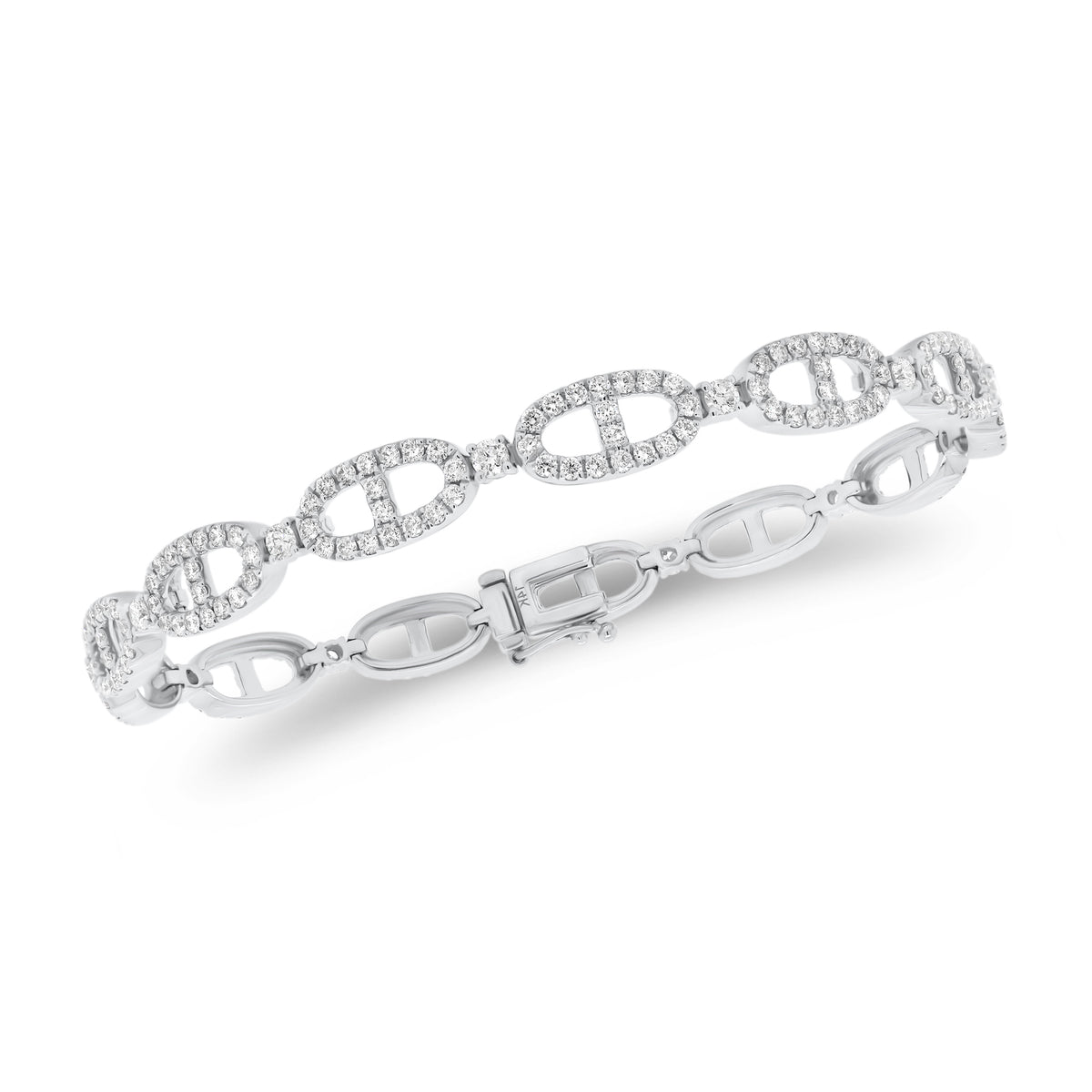 Diamond Tri-Link Bracelet  - 14K gold weighing 11.86 grams  - 247 round diamonds totaling 2.72 carats