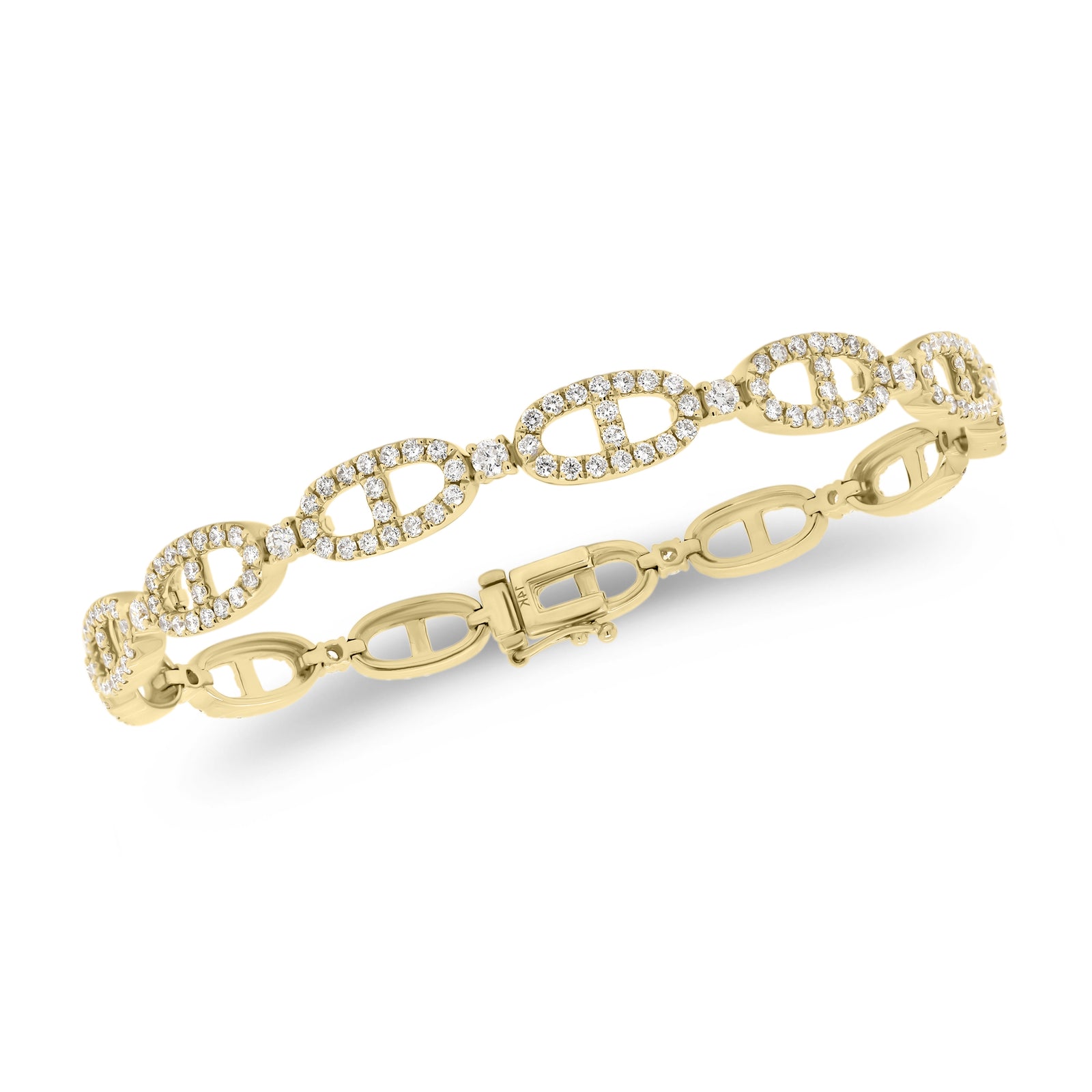 Diamond Tri-Link Bracelet  - 14K gold weighing 11.86 grams  - 247 round diamonds totaling 2.72 carats