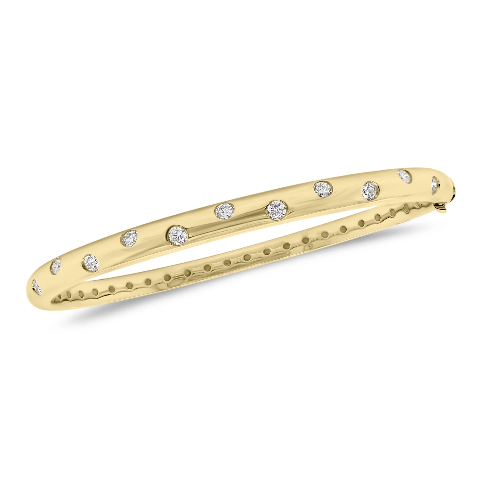 Diamond Dot Bangle  - 18K gold weighing 18.57 grams  - 11 round diamonds totaling 0.57 carats