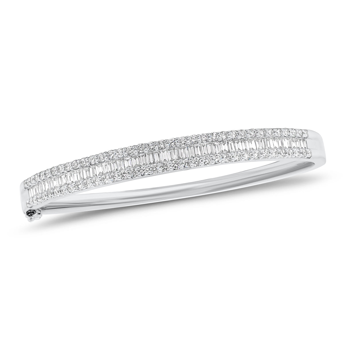 Baguette and Round Diamond Bangle Bracelet - 18K gold weighing 20.68 grams  - 70 round diamonds weighing 1.12 carats  - 51 slim baguettes weighing 0.98 carats