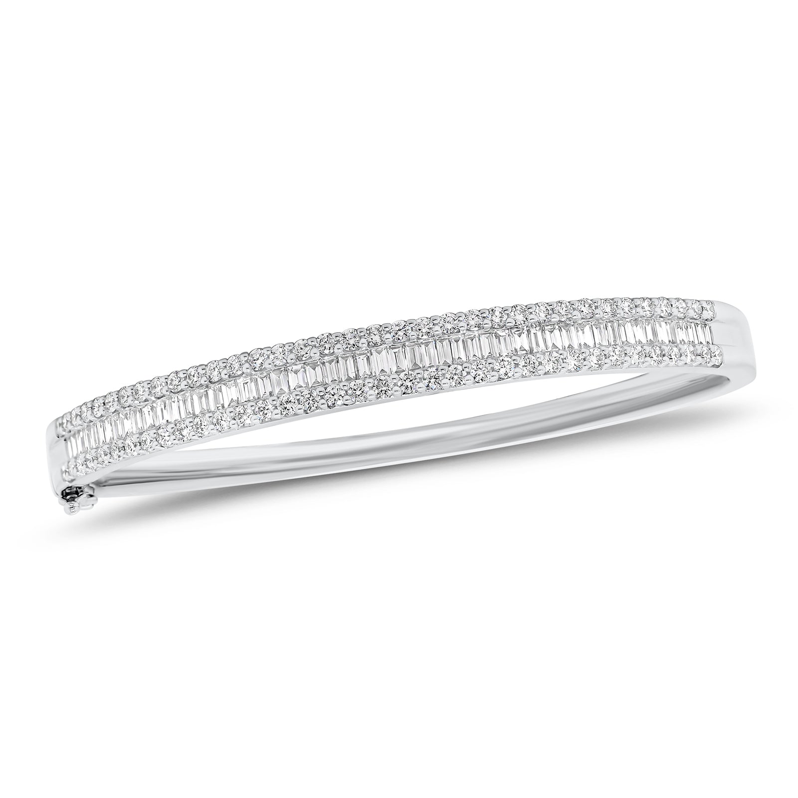 Baguette and Round Diamond Bangle Bracelet - 18K gold weighing 20.68 grams  - 70 round diamonds weighing 1.12 carats  - 51 slim baguettes weighing 0.98 carats