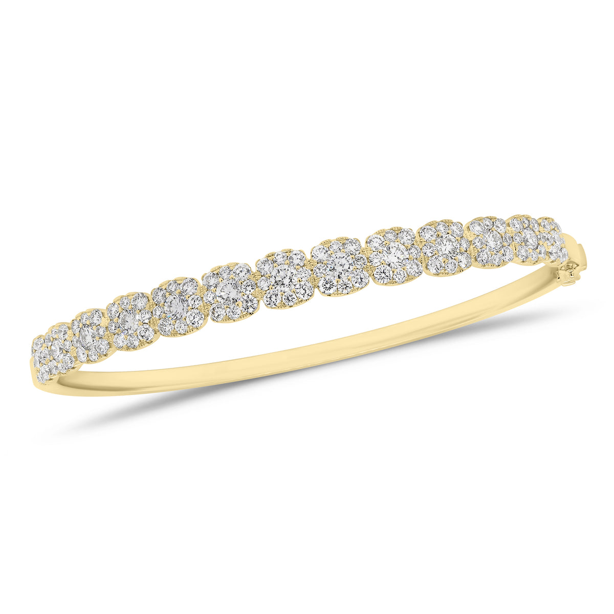 Solid 18K yellow gold weighing 12.93 grams featuring 104 round diamonds weighing 1.58 carats and 13 round diamonds weighing 0.99 carats Halo Diamond Bangle Bracelet | Nuha Jewelers