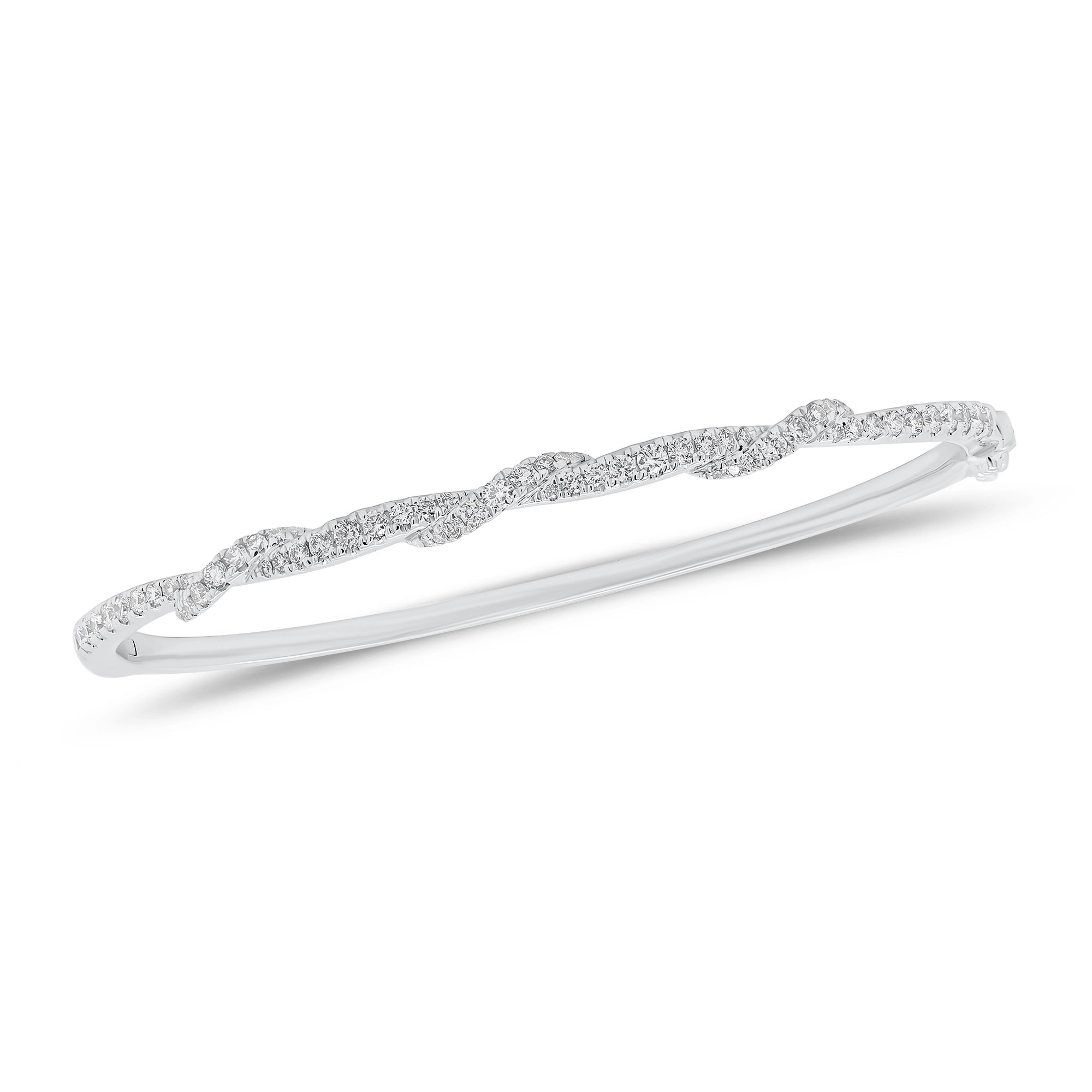 Solid 18k white gold weighing 9.14 grams with 65 round diamonds weighing 0.67 carats Diamond Twist Bangle | Nuha Jewelers