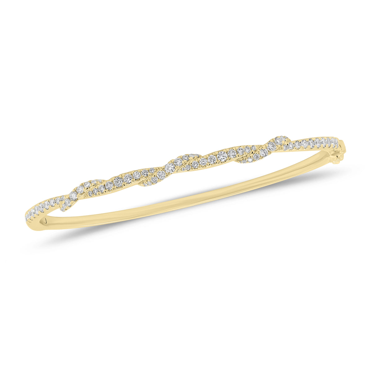 Solid 18k yellow gold weighing 9.14 grams with 65 round diamonds weighing 0.67 carats Diamond Twist Bangle | Nuha Jewelers