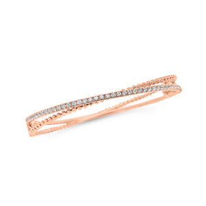 Diamond Two-Tone Crossover Bangle Bracelet -18K rose gold weighing 16.71 grams -43 round diamonds totaling 0.77 carats