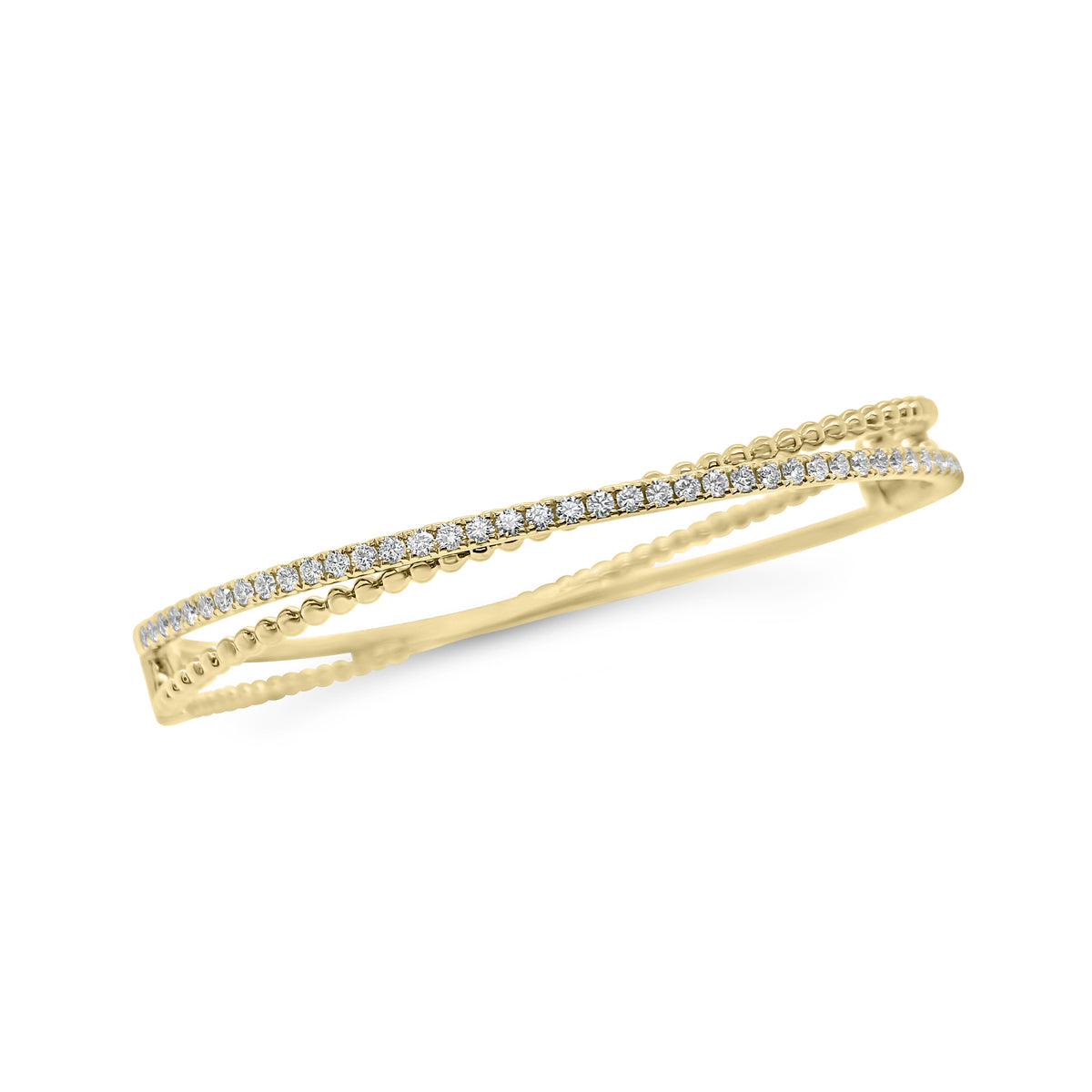 Diamond Two-Tone Crossover Bangle Bracelet -18K yellow gold weighing 16.71 grams -43 round diamonds totaling 0.77 carats