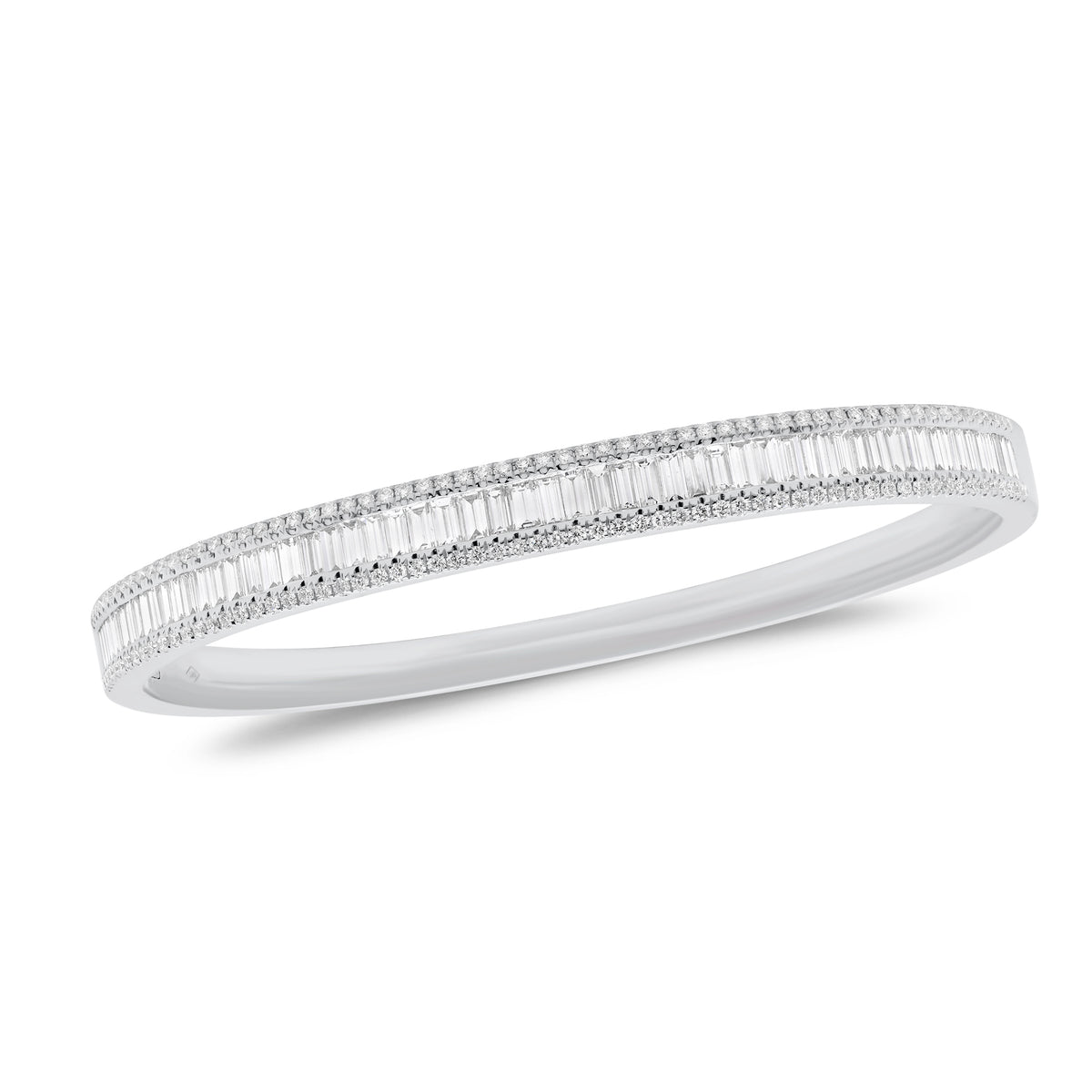 Baguette & Round Diamond Bangle Bracelet - 18K white gold weighing 17.15 grams  - 126 round diamonds totaling 0.56 carats  - 58 slim baguettes totaling 1.78 carats