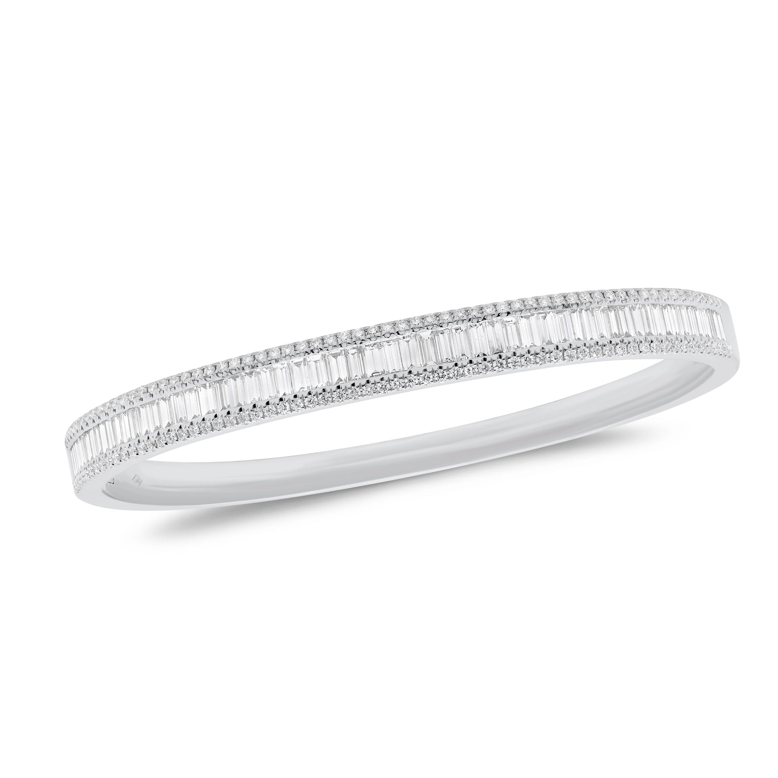 Baguette & Round Diamond Bangle Bracelet - 18K white gold weighing 17.15 grams  - 126 round diamonds totaling 0.56 carats  - 58 slim baguettes totaling 1.78 carats