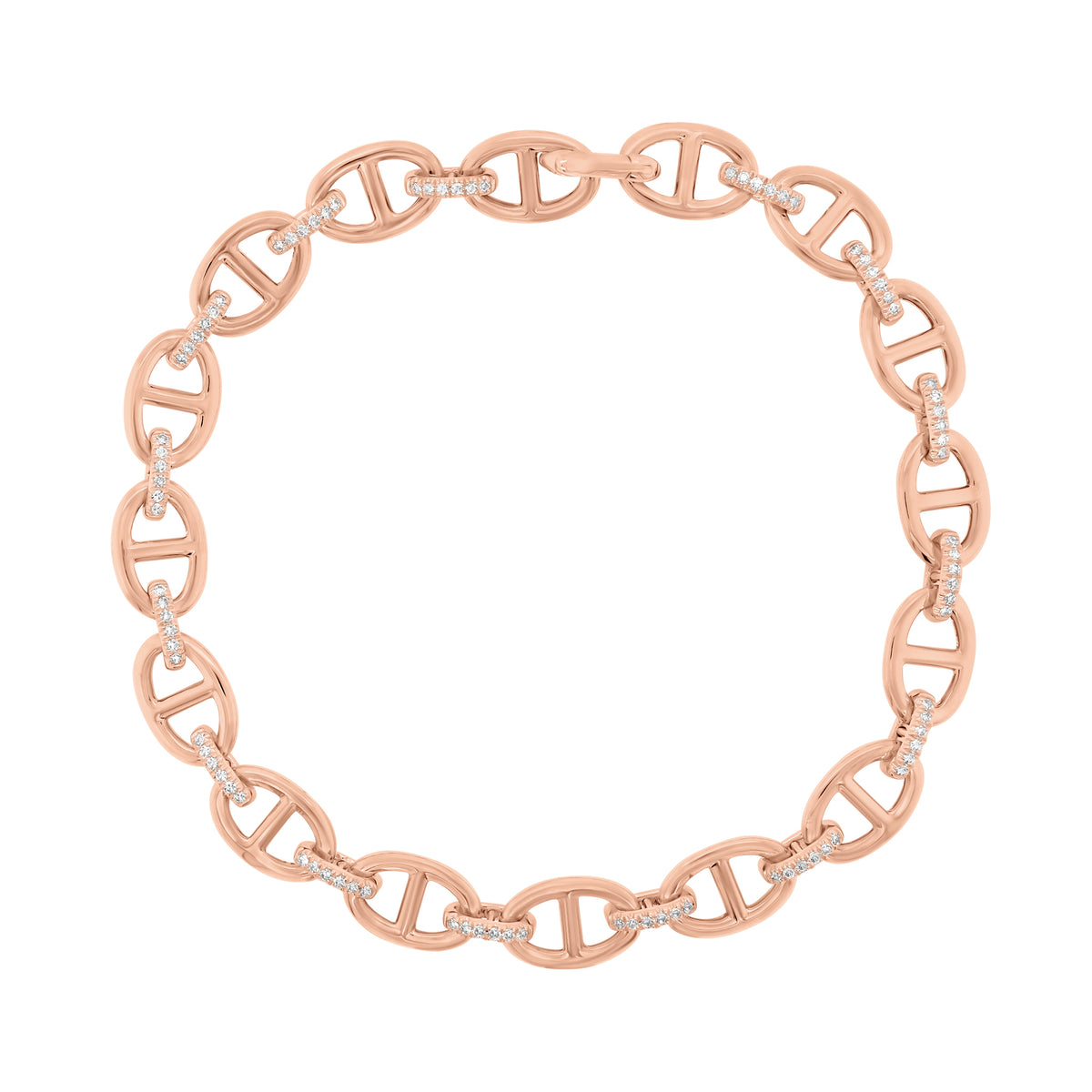 Diamond & Gold Tri-Link Bracelet - 14K rose gold weighing 8.63 grams - 90 round diamonds totaling 0.25 carats