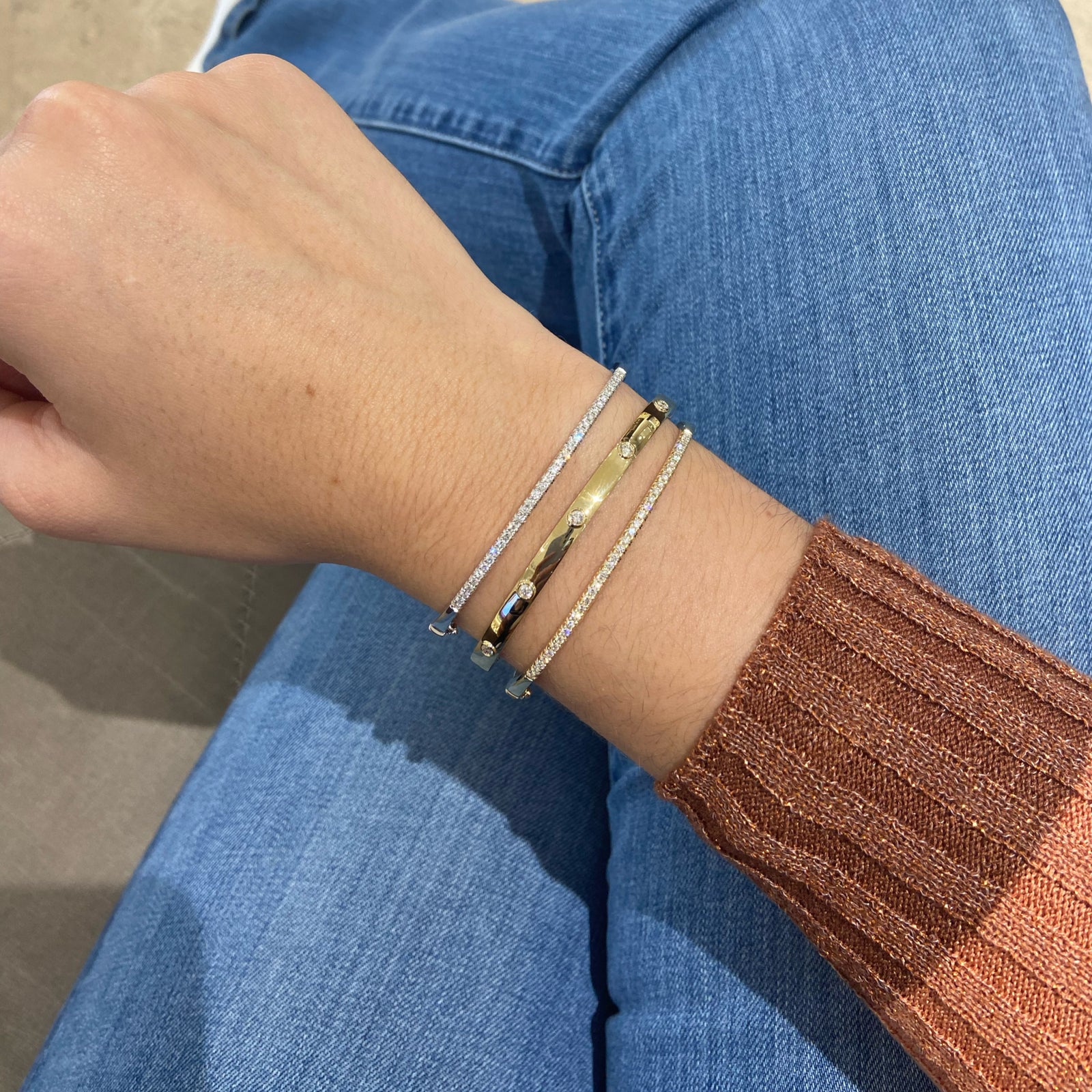 Stackable Round Bezel Set Diamond Bangle Bracelet -14K yellow gold weighing 13.6 grams  -5 round diamonds weighing 0.23 carats