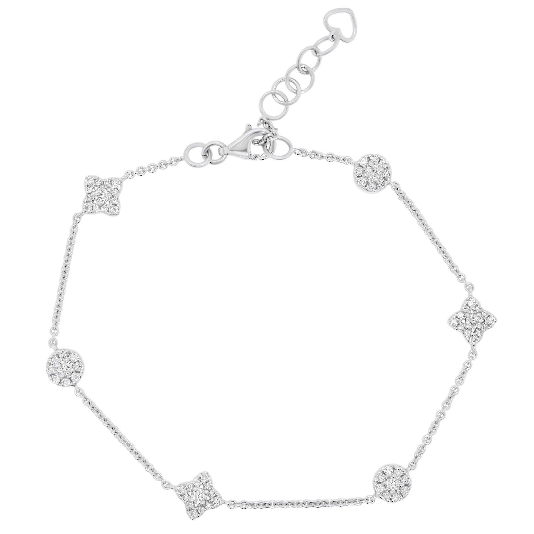 Diamond Clusters Fashion Bracelet - 18K white gold weighing 3.67 grams - 66 round diamonds totaling 0.56 carats