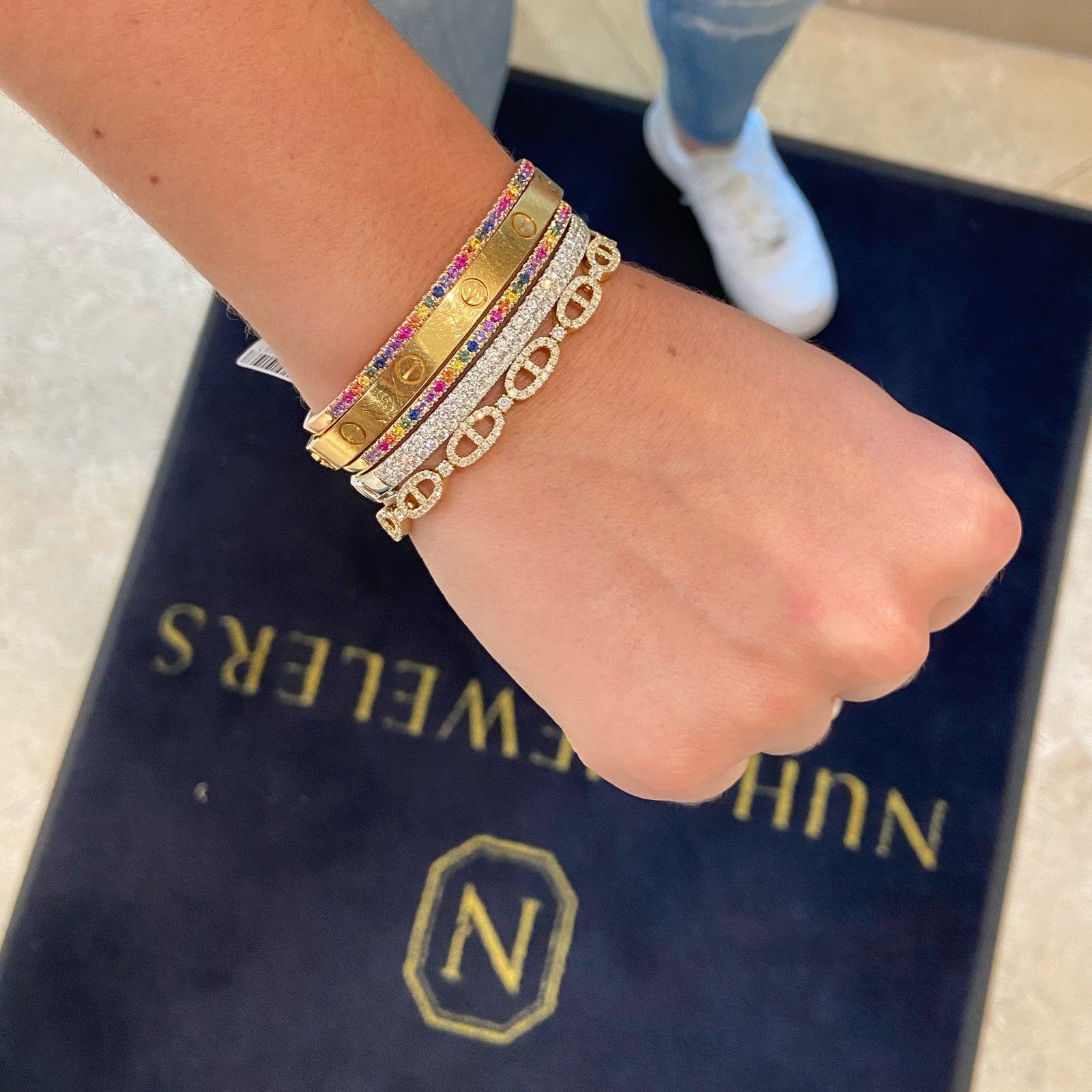 Multicolor Gemstone Bangle Bracelet - 14K yellow gold weighing 9.99 grams - 35 multicolor gemstones totaling 1.02 carats