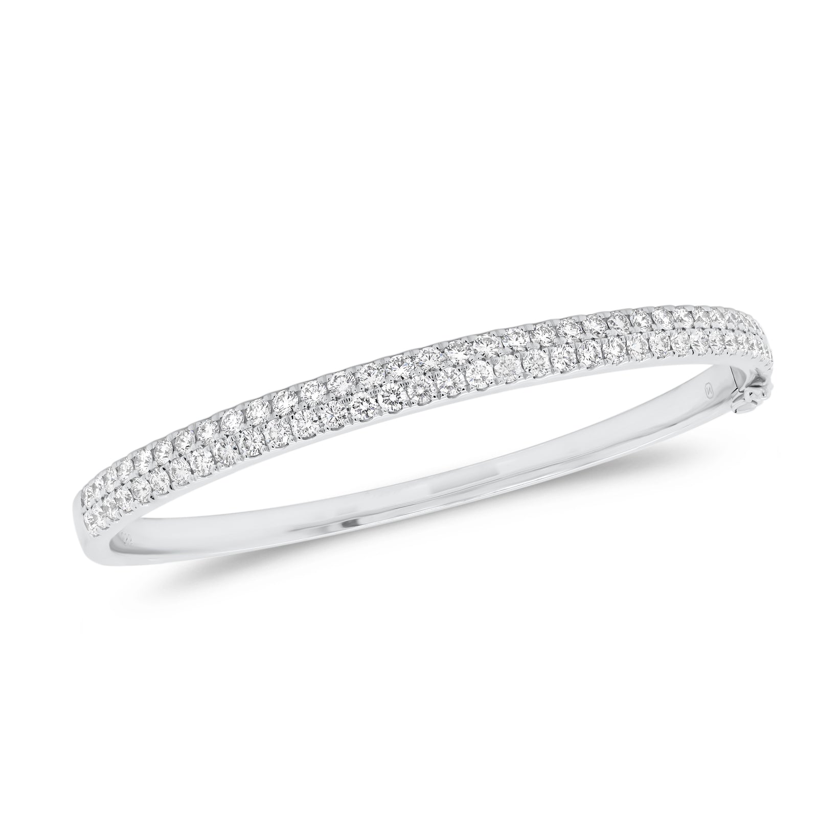 Diamond Double Row Bangle Bracelet  - 14K gold weighing 17.72 grams  - 67 round diamonds totaling 2.20 carats