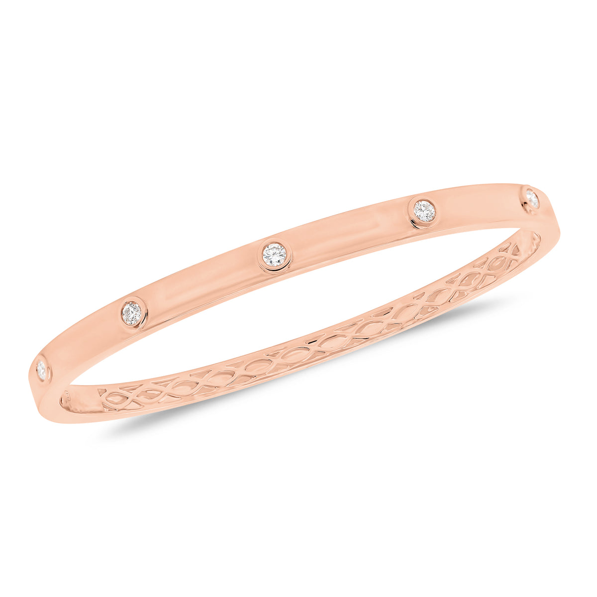 Stackable Round Bezel Set Diamond Bangle Bracelet -14K rose gold weighing 13.6 grams -5 round diamonds weighing 0.23 carats