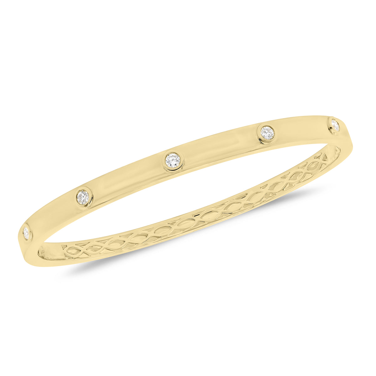 Stackable Round Bezel Set Diamond Bangle Bracelet -14K yellow gold weighing 13.6 grams  -5 round diamonds weighing 0.23 carats