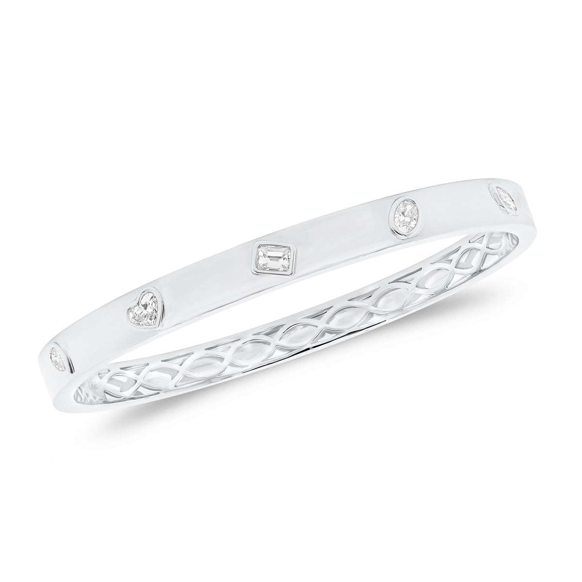 Bezel Set Oval, Pear, Heart, Marquee & Emerald-Cut Diamonds Bangle BraceletMixed Shape Diamonds Bangle  -14K gold weighing 17.03 grams  -5 mixed-shape diamonds weighing 0.68 carats (Pear - heart - emerald - oval - marquee)