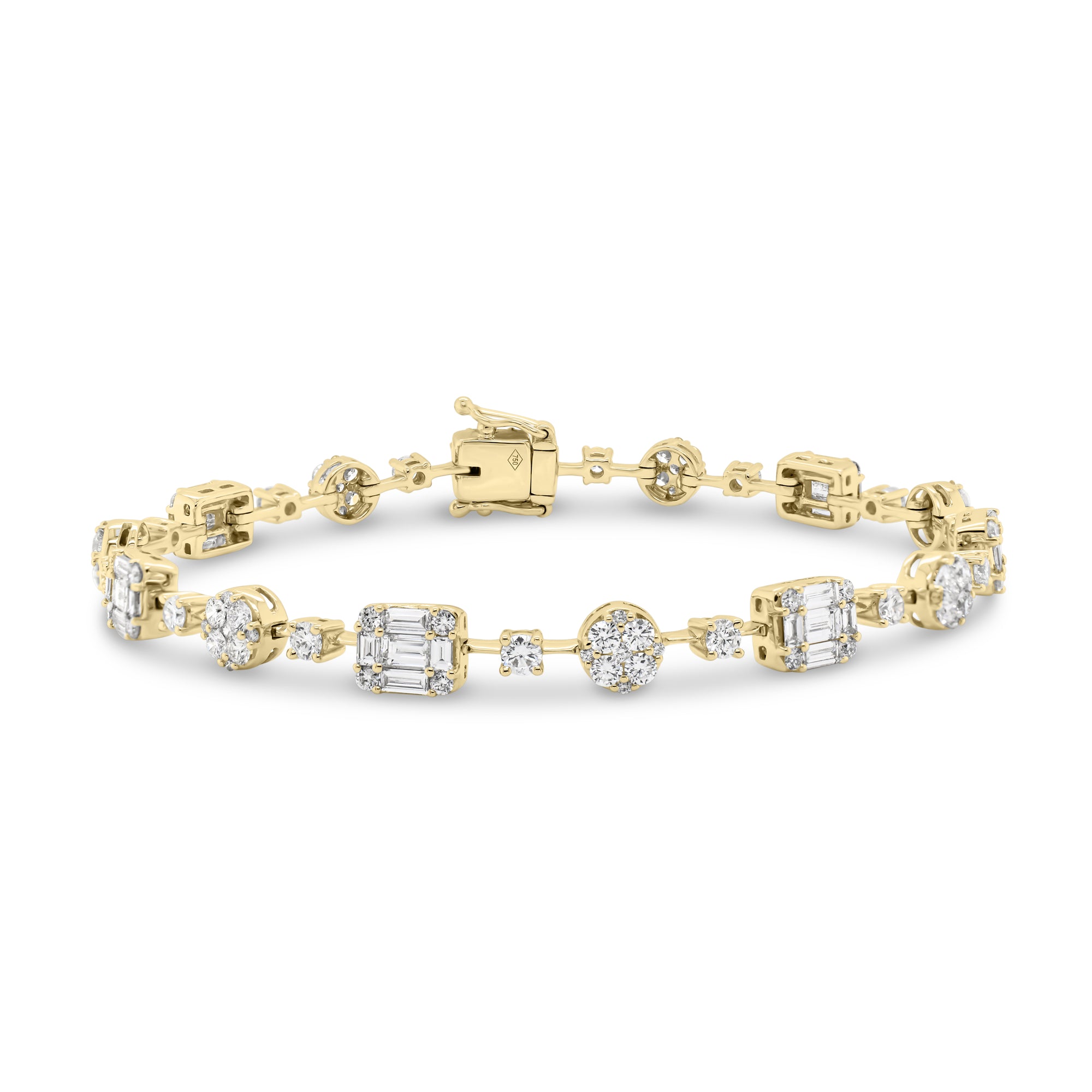 Diamond Circles & Rectangles Bangle Bracelet  - 18K gold weighing 10.70 grams  - 35 straight baguettes totaling 1.54 carats  - 105 round diamonds totaling 1.97 carats