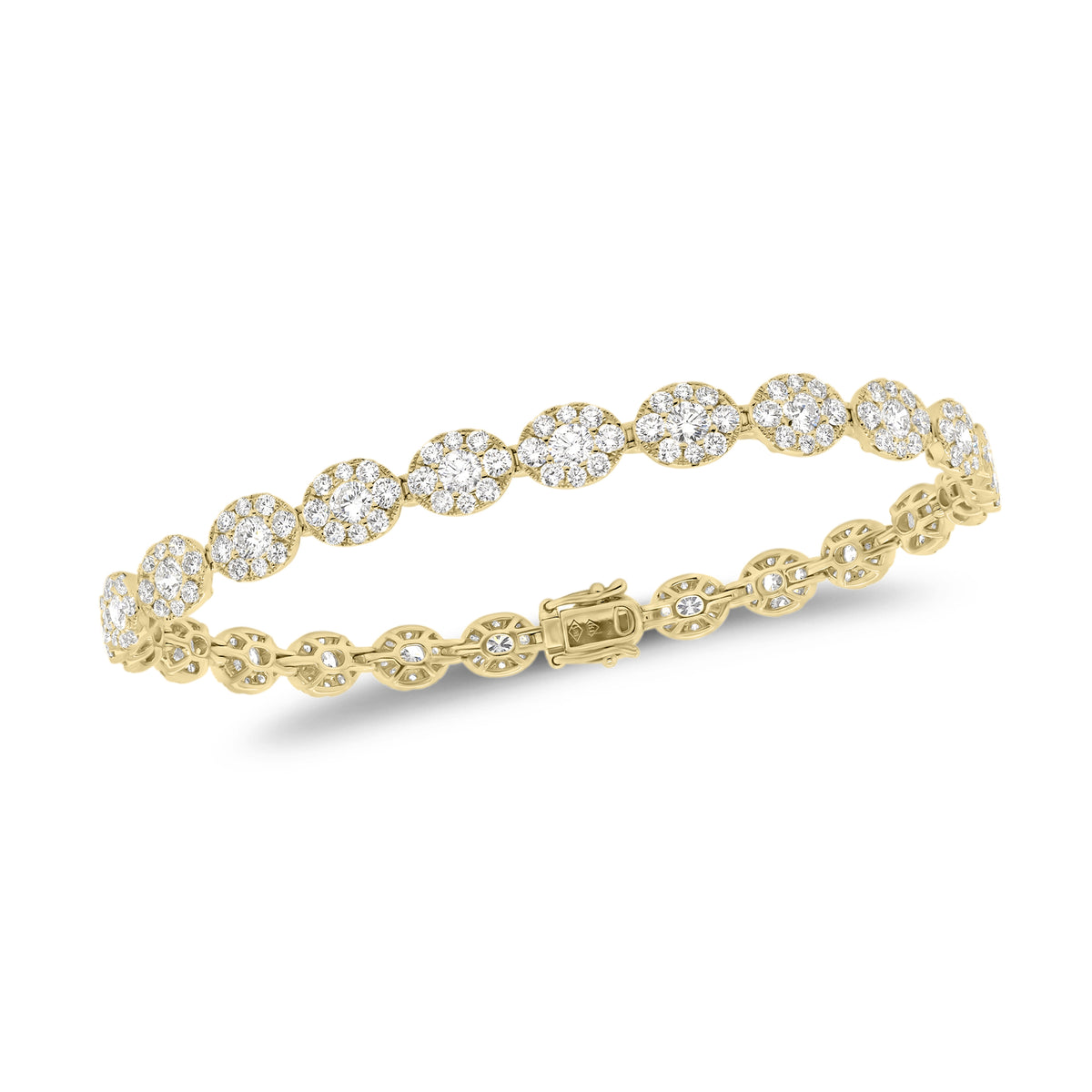 Diamond Oval Link Bracelet  - 18K gold weighing 9.81 grams  - 25 round diamonds totaling 2.18 carats  - 200 round diamonds totaling 3.43 carats