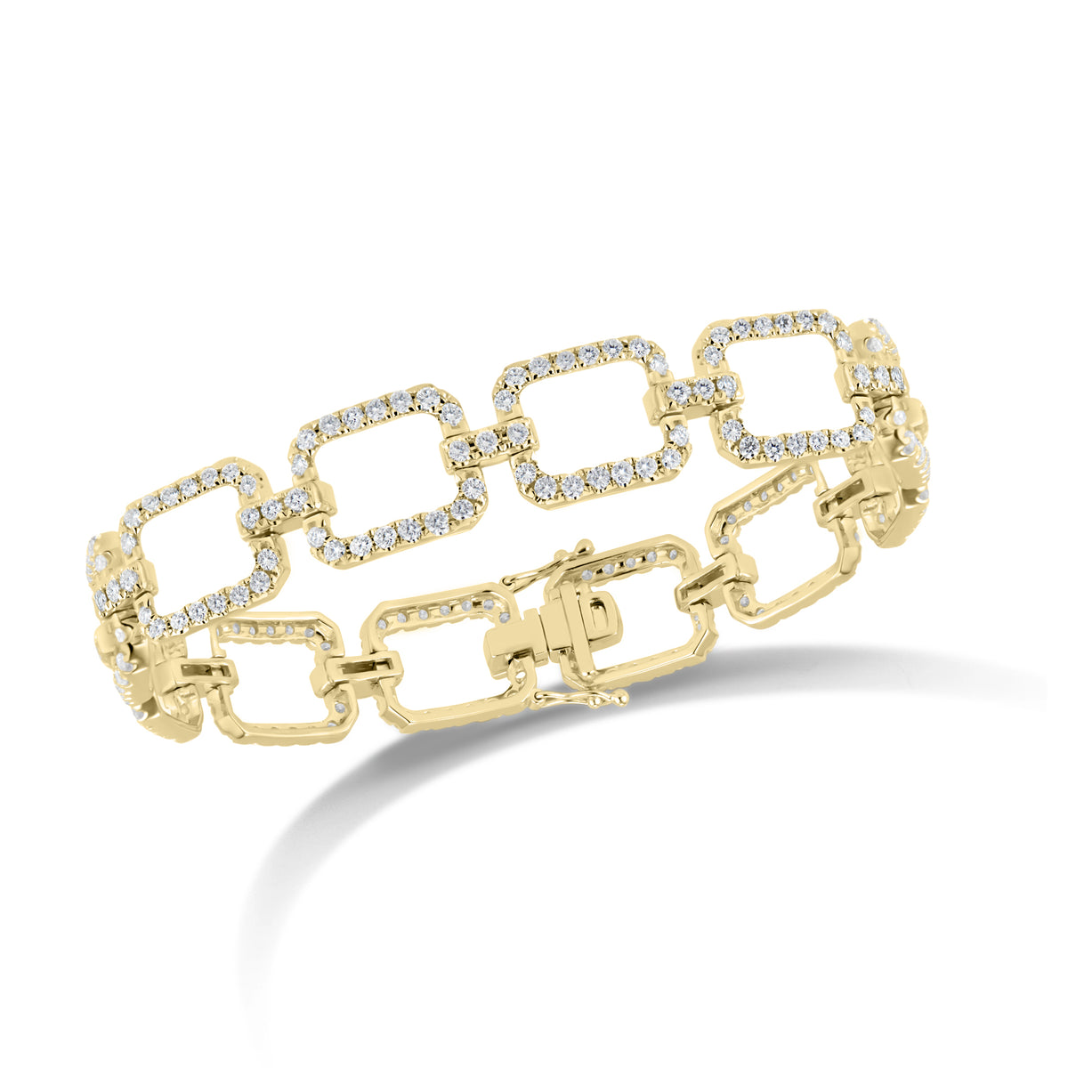Diamond Rectangle Link Bracelet  - 18K gold weighing 19.76 grams  - 228 round diamonds totaling 3.65 carats