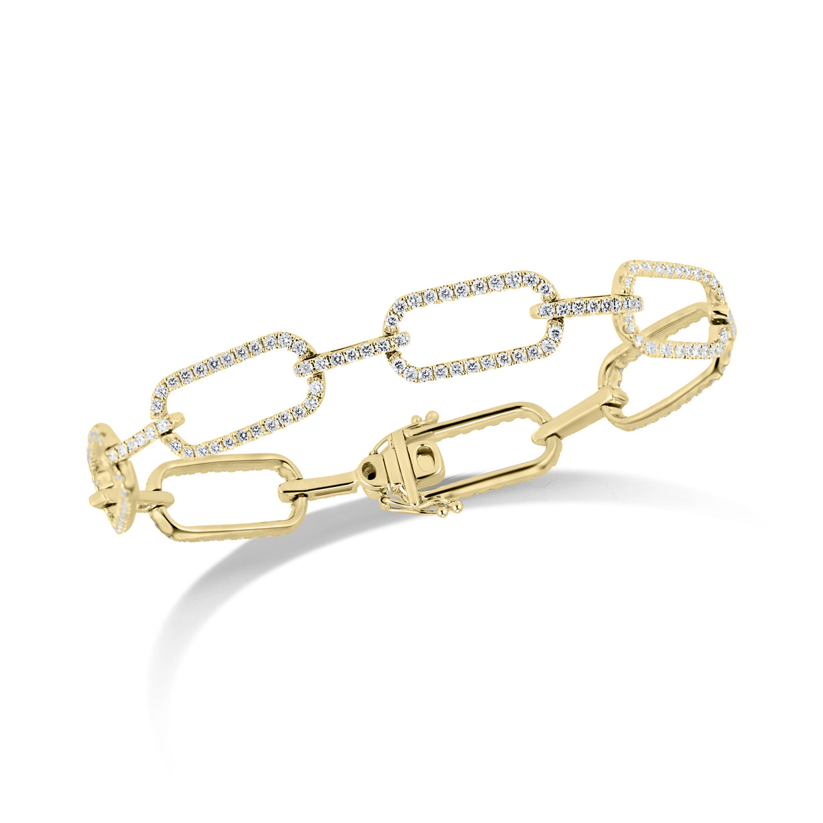 Diamond Wide Rectangular Link Bracelet  - 18K gold weighing 12.34 grams  - 249 round diamonds totaling 3.13 carats