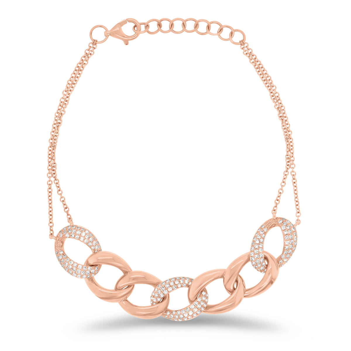Diamond Link Double Cable Chain Bracelet - 14K rose gold weighing 6.50 grams - 180 round diamonds totaling 0.57 carats