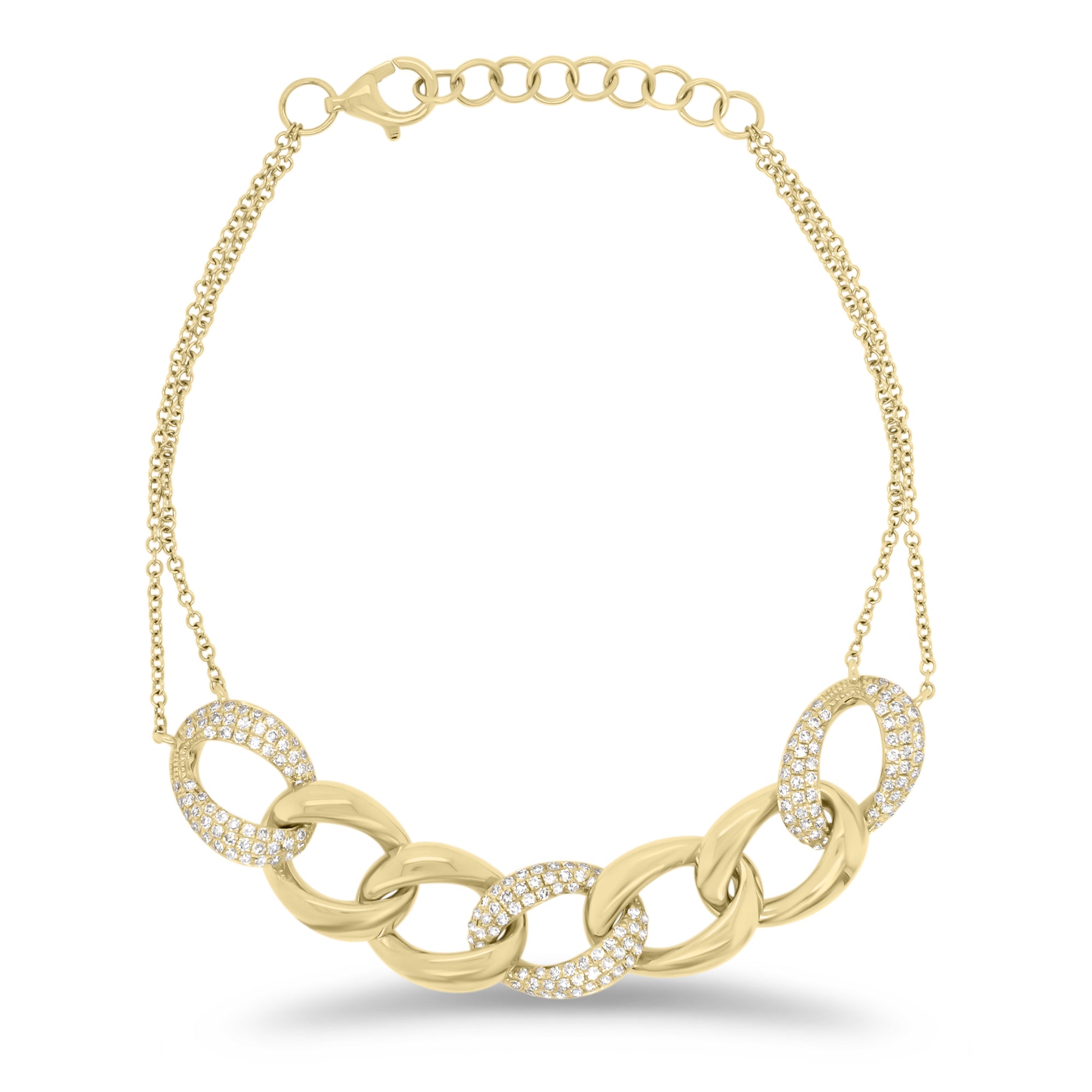 Diamond Link Double Cable Chain Bracelet - 14K yellow gold weighing 6.50 grams - 180 round diamonds totaling 0.57 carats