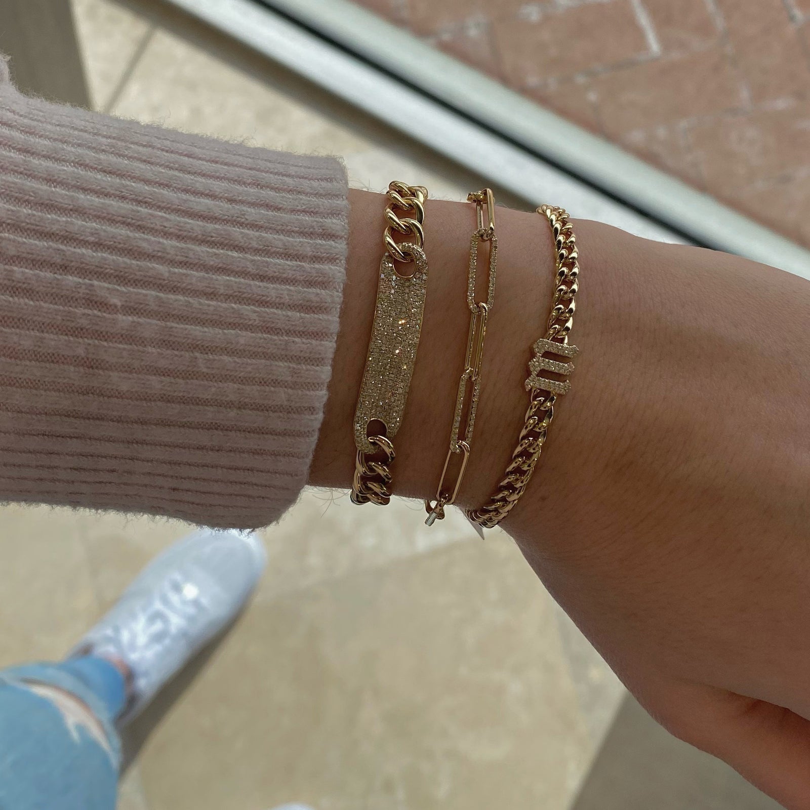 Diamond Gothic Initial Bracelet - 14K yellow gold weighing 10.80 grams - 58 round diamonds totaling 0.12 carats