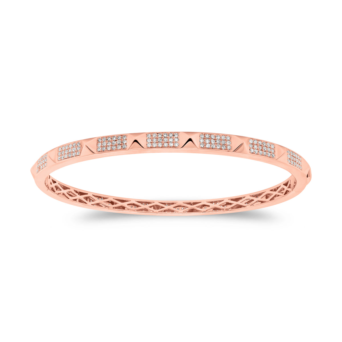 Skinny Pave Diamond Pyramid Stud Bangle Bracelet - 14K gold weighing 13.86 grams - 252 round diamonds totaling 0.95 carats