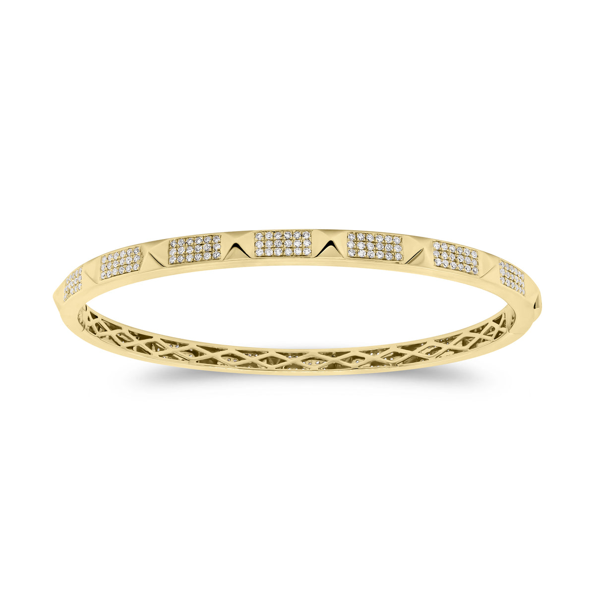 Skinny Pave Diamond Pyramid Stud Bangle Bracelet - 14K gold weighing 13.86 grams - 252 round diamonds totaling 0.95 carats