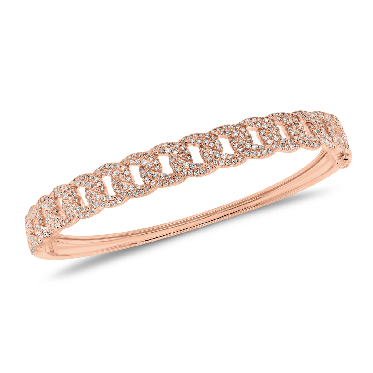 Diamond Curb Chain Bangle Bracelet - 14K rose gold weighing 15.88 grams - 374 round diamonds totaling 1.06 carats