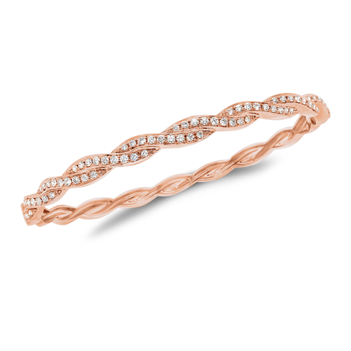 Diamond Woven Bangle Bracelet - 14K rose gold weighing 13.1 grams - 78 round diamonds totaling 0.93 carats